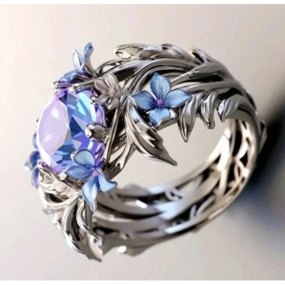 Floral Vine Ring Iridescent Purple Stone Blue‎ Enamel Flowers Silver Tone Size 7